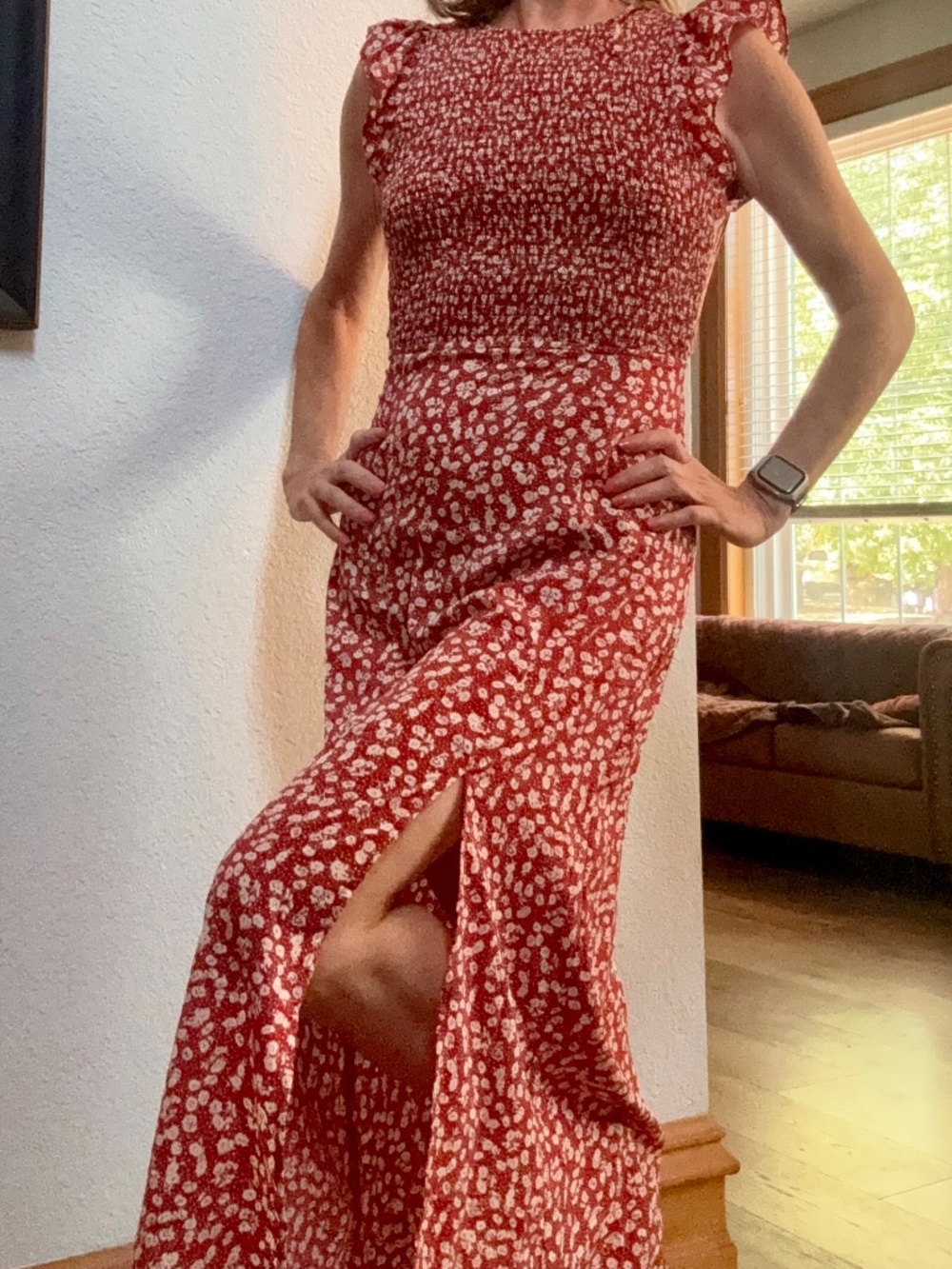 Romantic Floral Smocked Bodice Open Back Flutter Sleeve Cottagecore Midi Dress M
